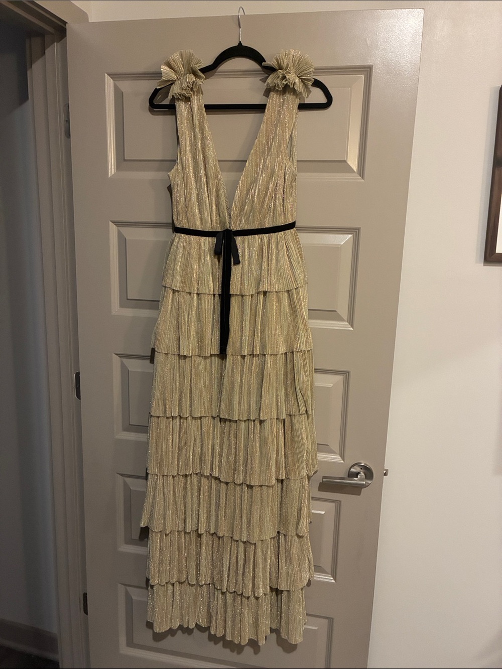 Vici Gold Tiered Ruffle Maxi Dress with Black Tie